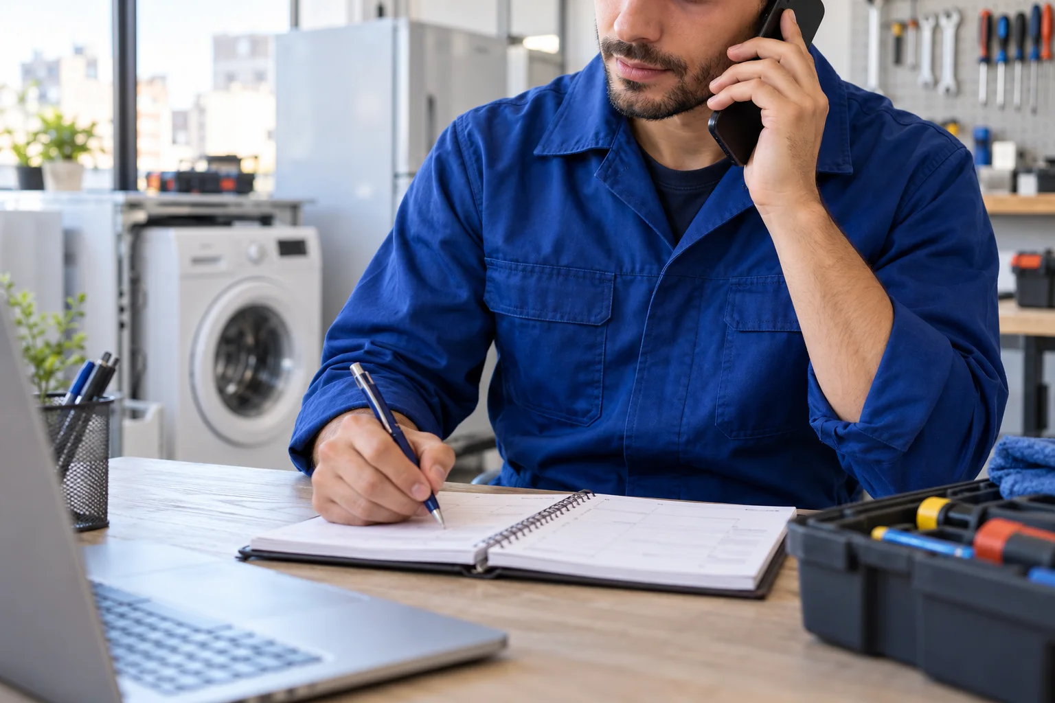 Técnico coordinando una visita de servicio por teléfono